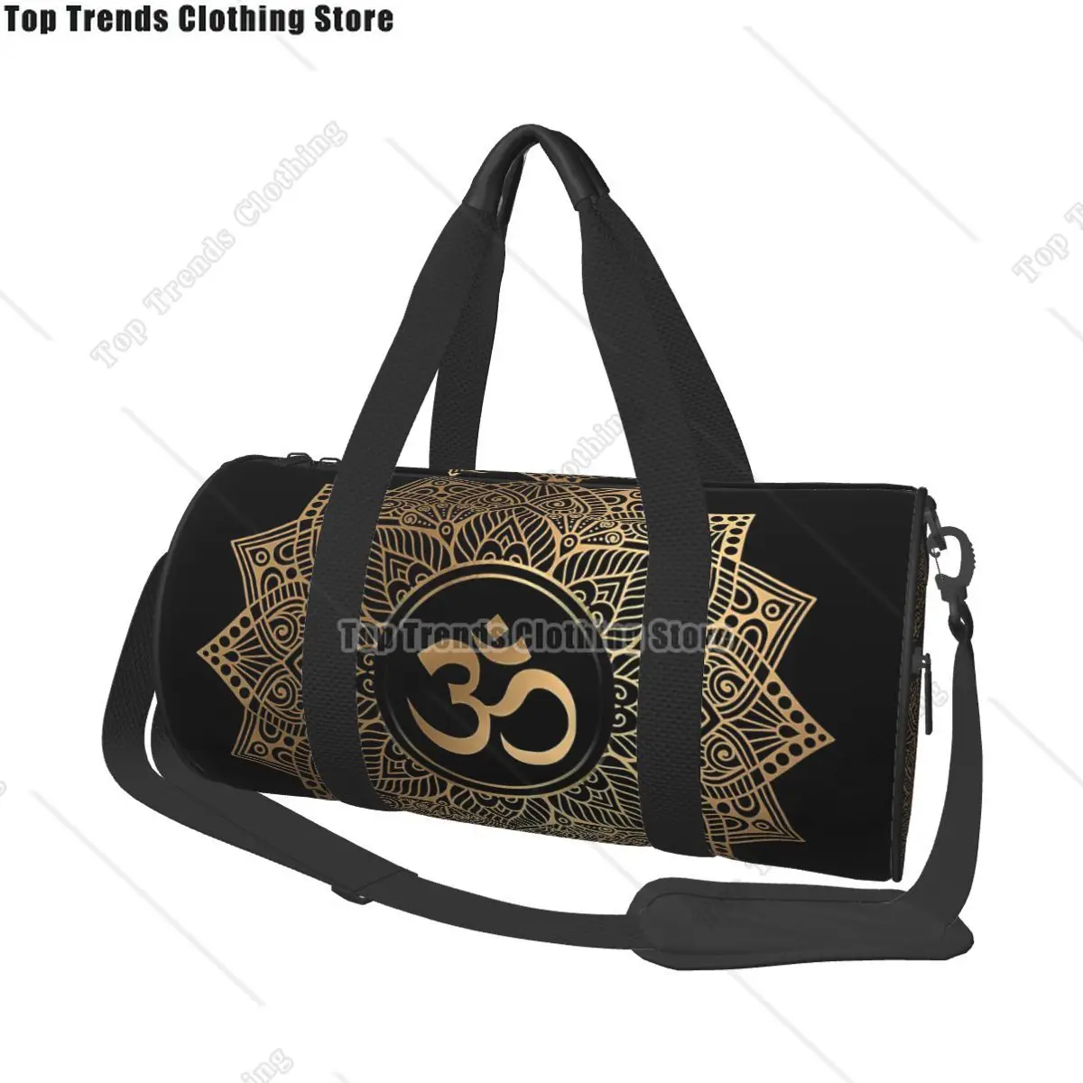 

Gold Golden Mandala Om Yoga Aum Ohm Henna Travel Bags Men Fitness Handbag Cylinder Shoulder Bag Women Large