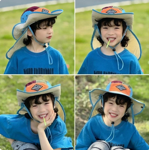 Parent-Child Summer Neck Protection Bucket Hat Large Brim Sun Hat Kids Boys Girls Outdoor Hiking Travel Cap with Removable Cape