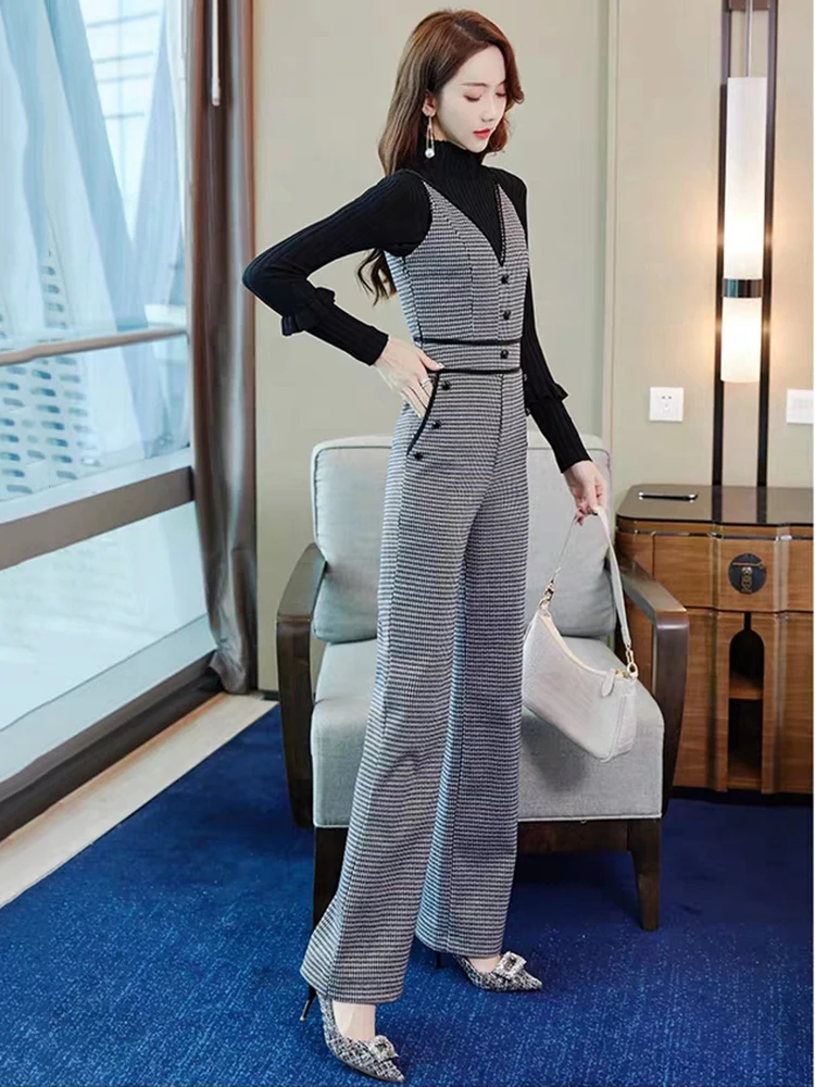 Elegant Houndstooth Jumpsuit Women Spring Autumn Korean Fashion High Waist Office Lady Jumpsuits Combinaison Femme Overalls