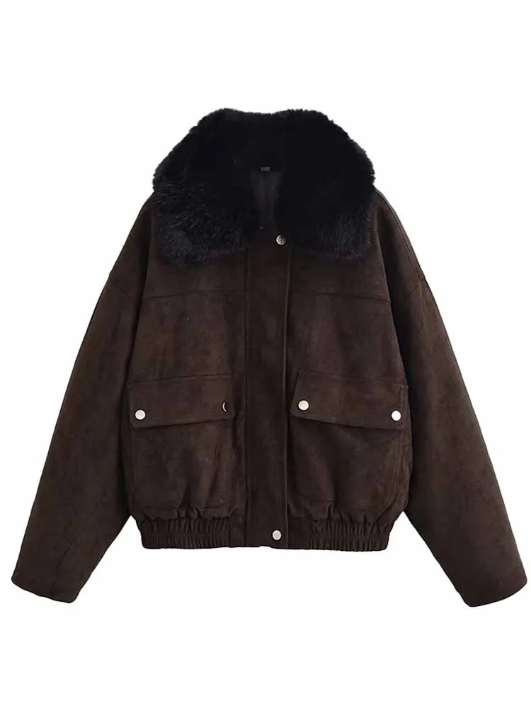 

HH Woman Winter Fashionartificial Fur Lapel Long Sleeves Single Breasted Pocket Decoration Jackets Female Casual Shortcoat