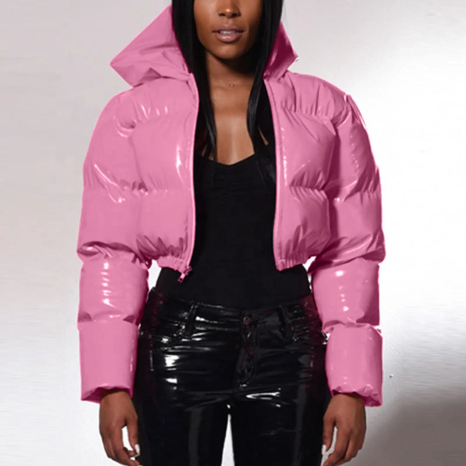 Fashion Cute Women Bright PU Pink Puffer Jacket Winter Warm Bubble Coats Shiny Leather Parkas Down Zipper Cropped Jackets Parkas