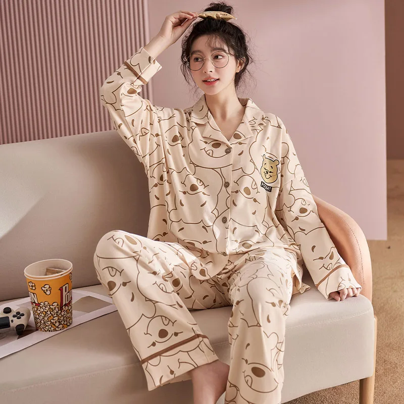 Disney cotton women\'s pajamas lapel long-sleeved trousers loose cardigan thermal silk pajamas women\'s Winnie the Pooh loungewear