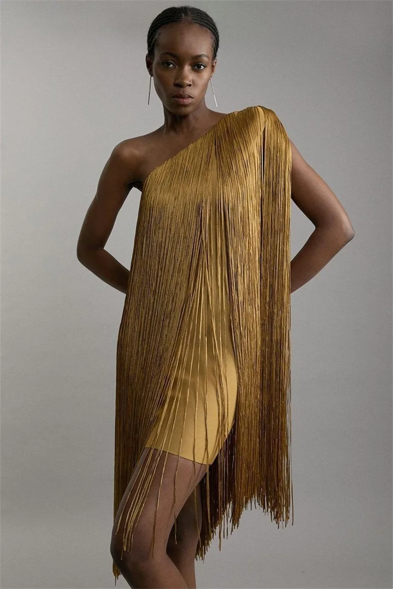 Złota Sukienka na Studniówkę z Frędzlami, Seksowna, na Jedno Ramię, Bez Rękawów, Krótka Mini Spódniczka, Sukienka na Imprezę, Codzienna, Formalna, dla Gościa, na Urodziny, Wieczorowa