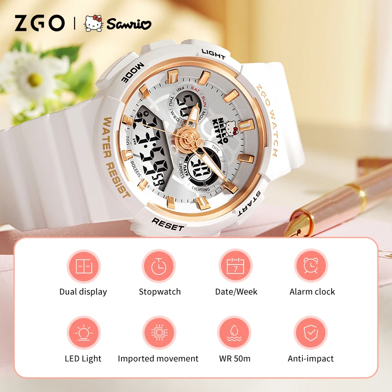 Jam Tangan Elektronik Anak Perempuan ZGO X Sanrio, Hello Kitty, Menengah dan Tinggi, Jam Tangan Elektronik, Anti Air, Jam Tangan Bercahaya, Hadiah 862