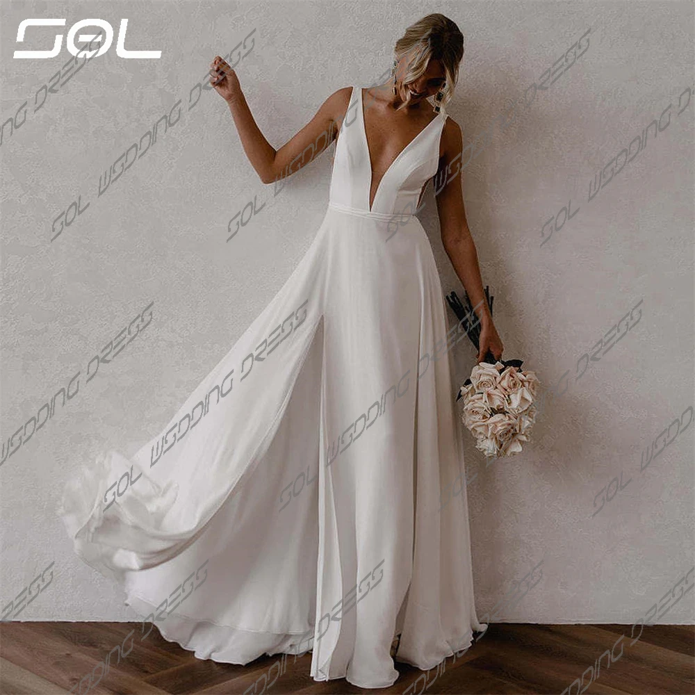 SOL Simple Deep V Neck Spaghetti Straps Side Slit Chiffon Wedding Dresses Elegant Backless A-Line Bridal Gowns Vestidos De Novia