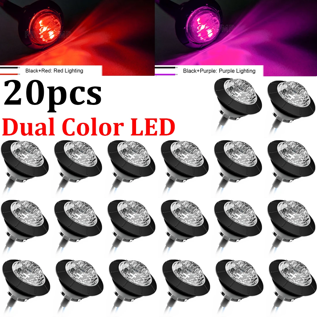 

20x Dual Color LED Side Marker Lights Waterproof 12V 3/4" Round Red Purple Clearance Light For Truck Trailer RV Lorry Van ATV