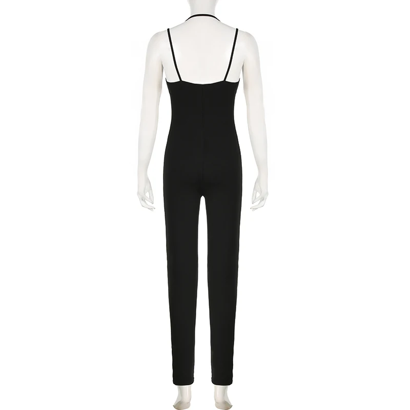 BIIKPIIK Shirring Backless Women Jumpsuits Casual Spaghetti Strap Low-cut Skinny Rompers Sporty Black Sleeveless Overall Fitness