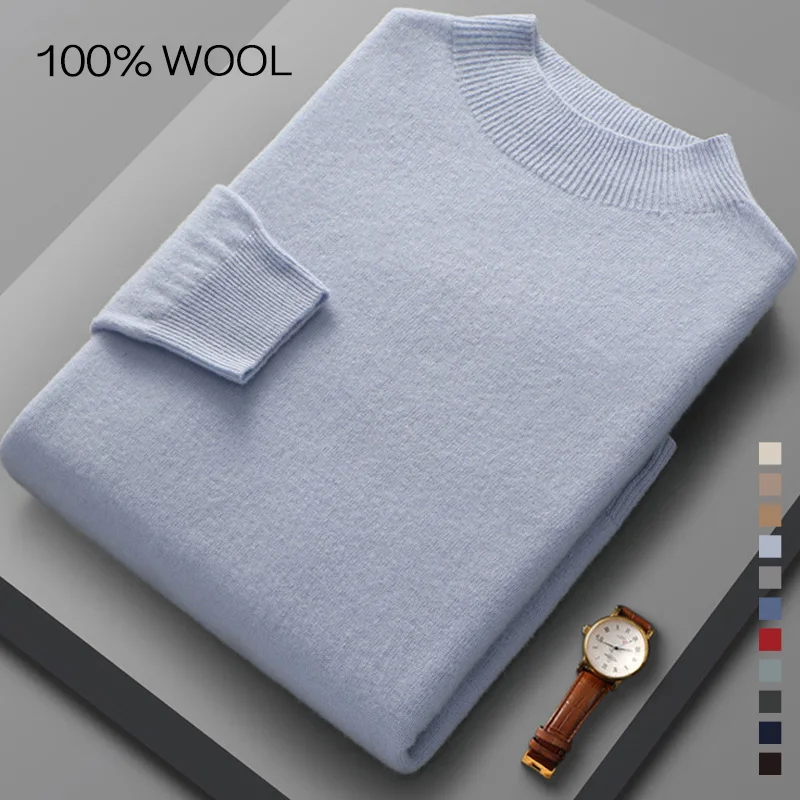 

100% Pure Wool Men's Sweater Mock Turtleneck Knitted Long Sleeved Pullover Basic Solid Color Top Male Waistcoat High Quality