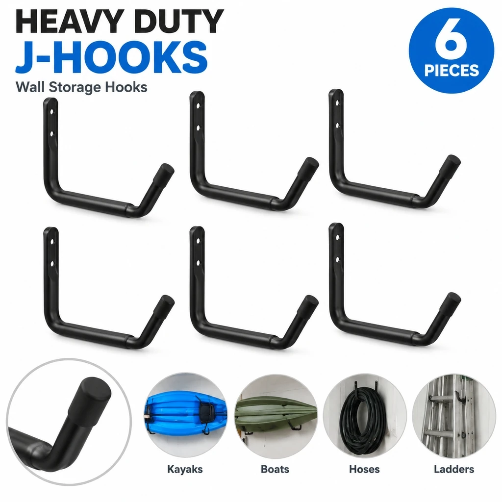 6Pcs Wall Storage J‑Hooks Kayak Canoe Wall Mount Rack Garage Organizer for Paddleboard Surfboard Snowboard Outdoor Gear Storage