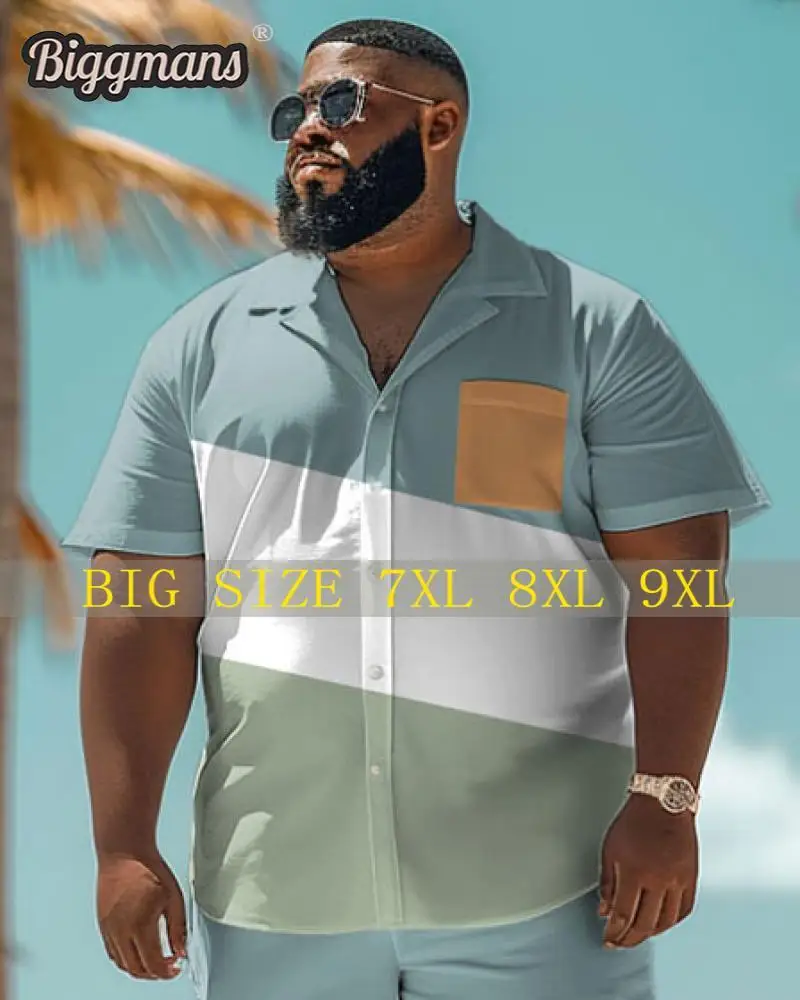 

Biggmans Shirt Plus Size L-9Xl for Summer Beach Men's Oversize Beach Hawaiian Colorful Block Print Shirt Shorts Top 7XL 8XL