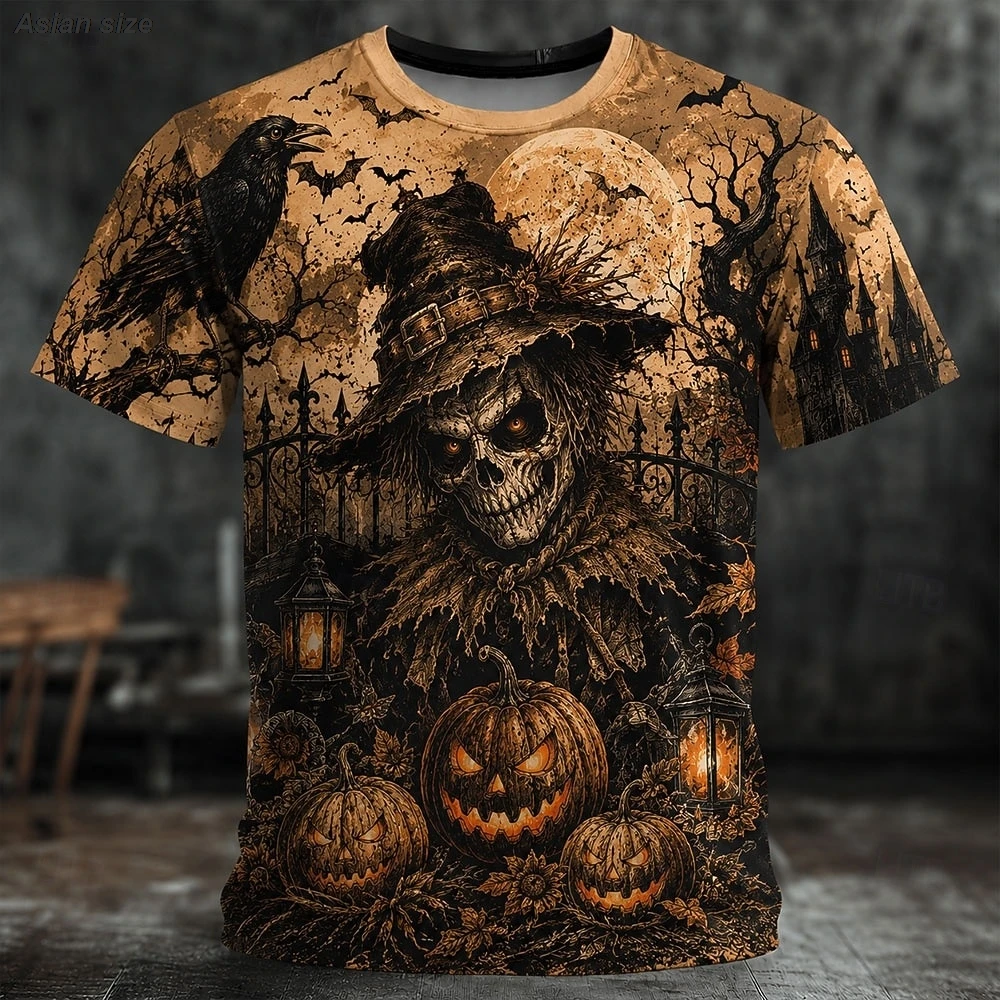 Halloween Men's Skull Optical Illusion T Shirt Short Sleeve T shirt 3D Print Crew Neck Shirt  Street clothing