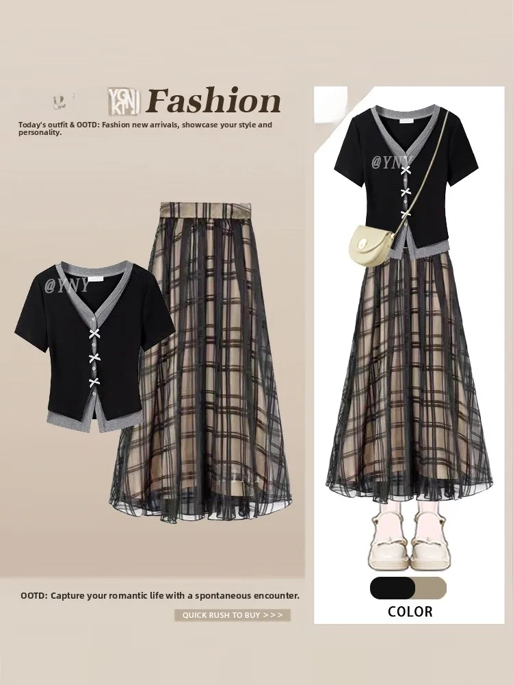 

Комплект из двух предметов в стиле ретро, топ с V-Ne, тюлевая клетчатая юбка, летний ансамбль Faion, застежка на пуговицы, ort Sve Student Un...