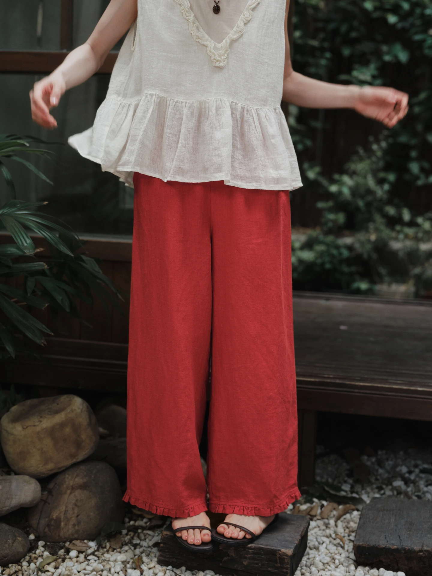 

Loose Casual Pants Women's Summer Linen Elastic Waist Loose Fit Comfortable Straight Leg Trousers Pure Color Breeze Series