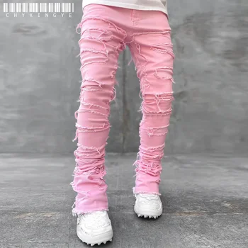 Men's Regular Fit Stacked Jeans Ripped Slim Fit Patch Distressed Destroyed Straight Denim Pants Hip Hop Streetwear Trouser Cloth 4