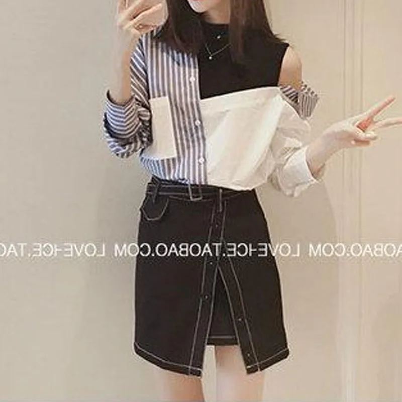 Summer Female Fashion Fake Two Pieces Long Sleeve Blouse Casual All-match Striped Spliced Off Shoulder Shirt Women\'s Clothing