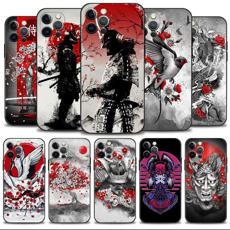 Phone Case For Apple iPhone 15 14 13 12 11 Pro Max 13 12 Mini XS Max XR X 7 8 Plus Samurai Japan Dragon Mask Swallows Warrior