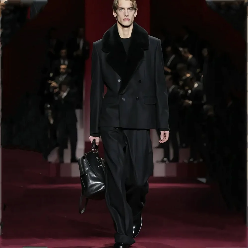 

Luxurious Feathers Black Suit Two Pieces Double Breasted Elegant Man Set High Quality Model Show Banuqet Prom Formal Outfit