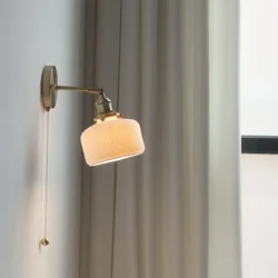 Japanes Vintage Wall Lamp Brass Ceramic Lampshade Pull Wire Switch Swivel Sconce For Bedroom Bedside Wall Light Home Decoration