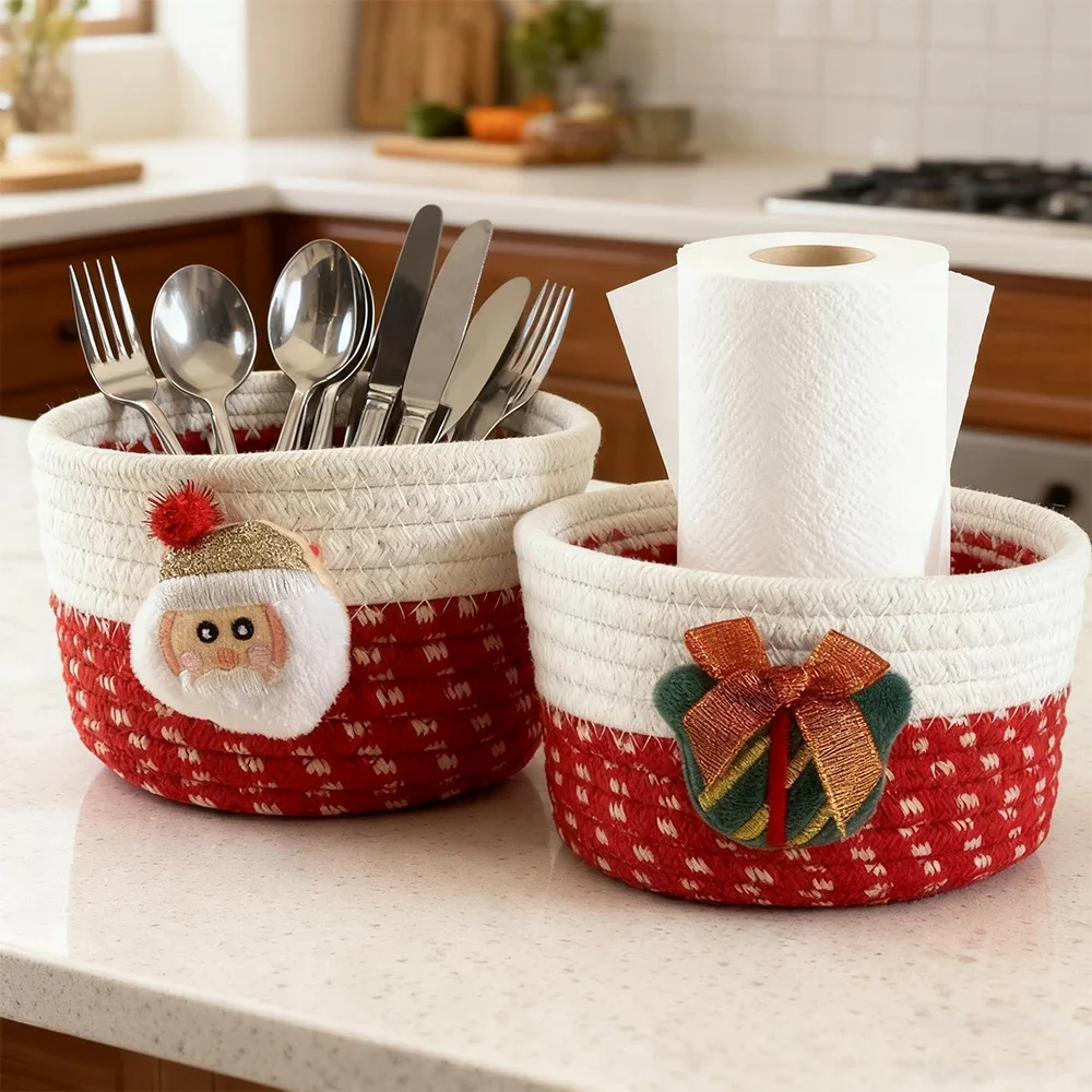 1PC Christmas Woven Basket Shelf Desk Storage Organizer Cotton Rope Braided Basket for Car Keys Dog Toys Makeups Christmas Decor