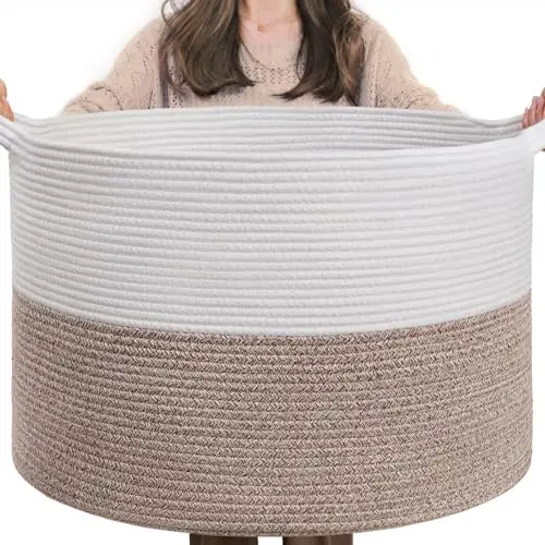 

Плетеная корзина INDRESSME из хлопкового каната, очень большая, 21.7" x 21.7" x 13.8", для детских вещей, одеял и игрушек