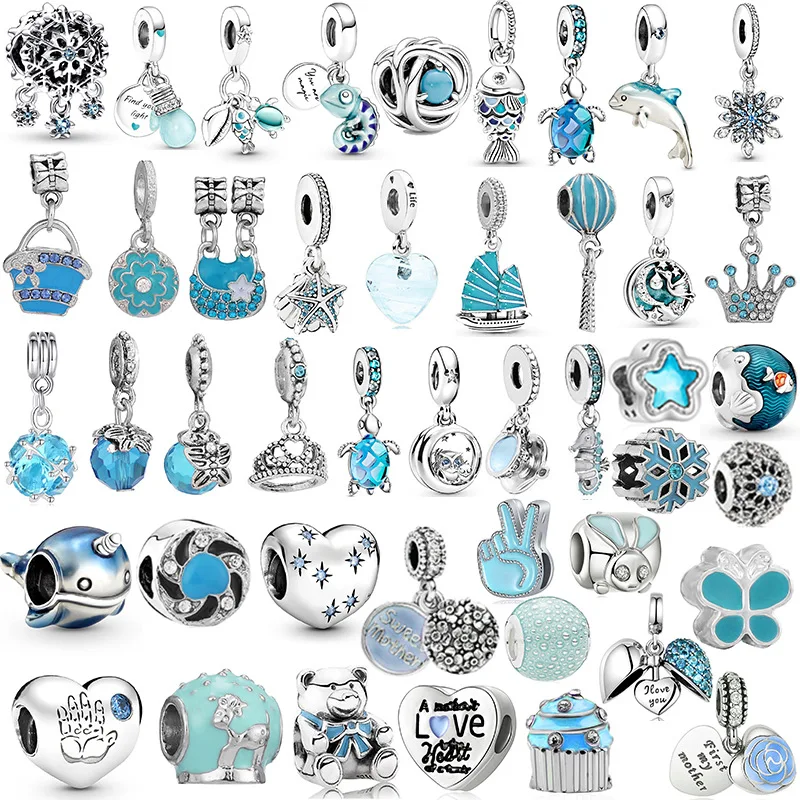 New 925 Silver Plated Light Blue Series Pendant Charm Beads For Pandora Necklace Bracelet Keychain DIY Fine Women Girls Jewelry