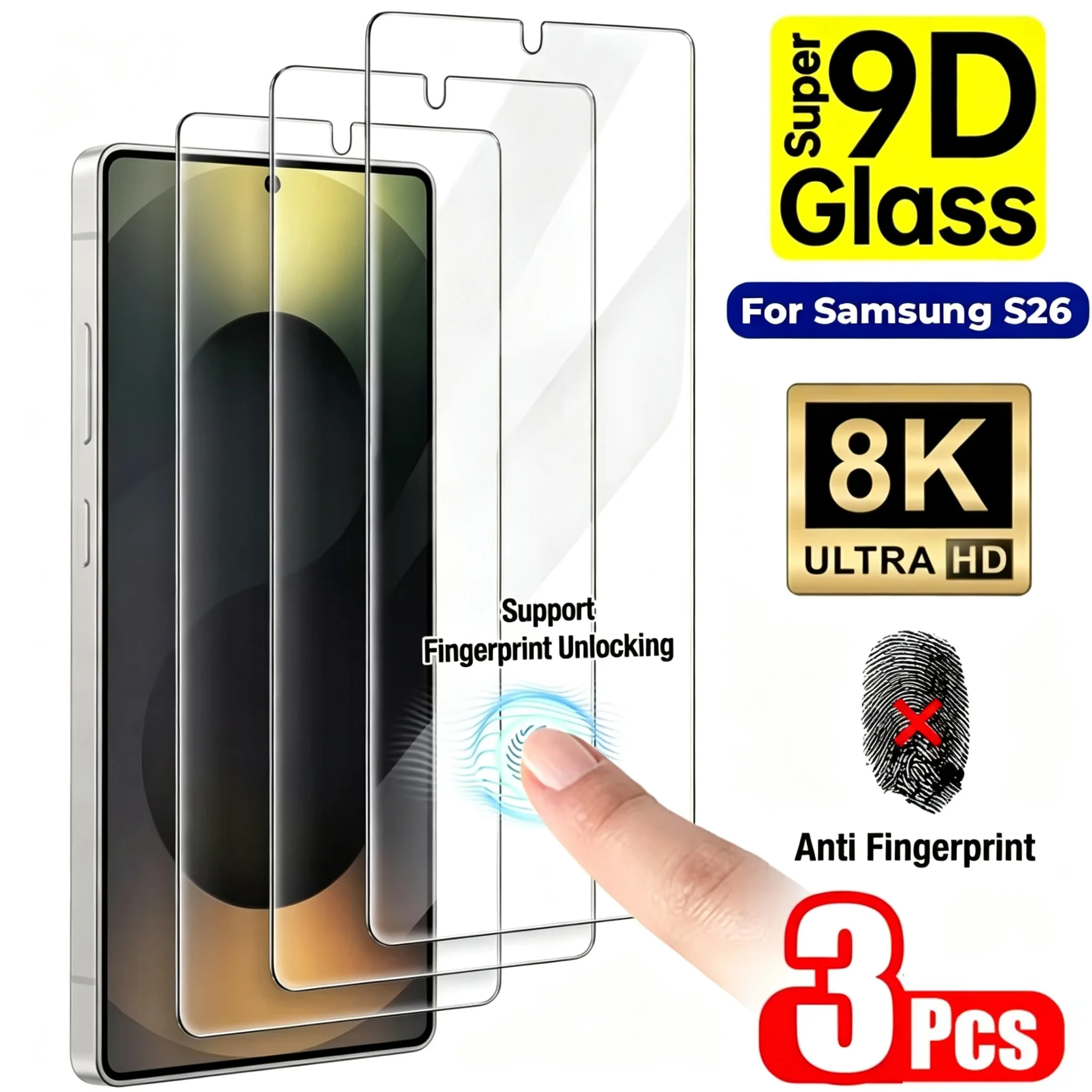 3Pcs Premium Tempered Glass Screen Protector For Samsung Galaxy S26 Ultra S25 S24 S23 S22 Protective Glass Fingerprint Unlock