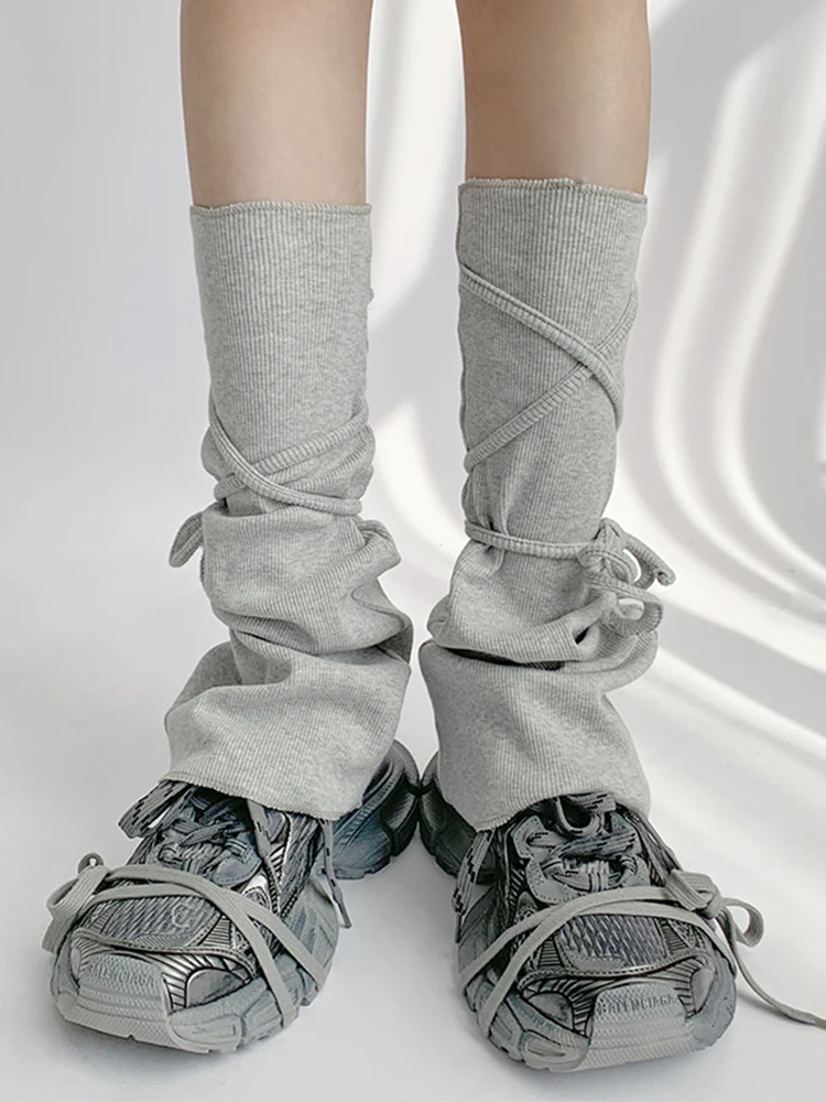 Foot Sock Women's Solid Color Knitted Cotton Thickened Warm Simple Fashion Leg Warmer Gray Lace-up Socks Spring Autumn Mid-Calf