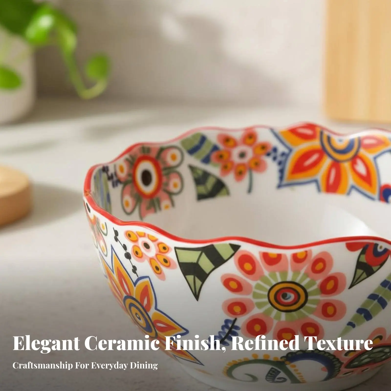 Nordic Floral Ceramic Dinnerware Set, Hand-Painted Deep Plate, Rice Bowl, Fish Plate, Soup Plate, Glazed Finish, view 4