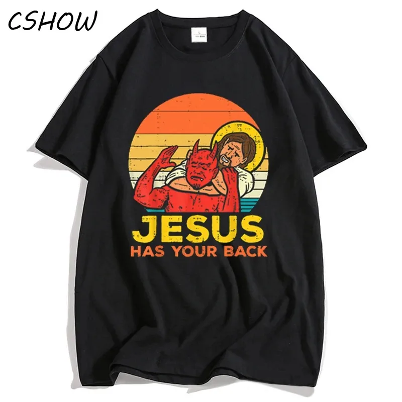 Cotton Men\'s t shirt Jesus Has Your Back Jiu Jitsu Retro Christian Men TShirt women\'s Oversized T-Shirt Mens streetwear top