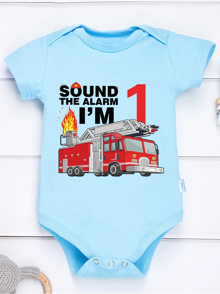 Fire Truck Cartoon Cute Baby Boy Bodysuit Sound The Alarm I'm 1 Year Old Print Fashion Birthday Clothes Cotton High Quality Gift