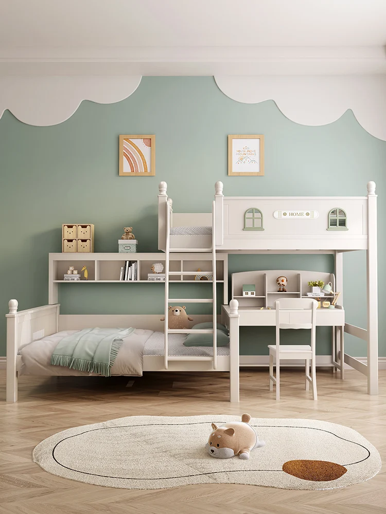 

Customizable split-level boy bed with desk wardrobe girl multi-functional storage all solid wood up and down staggered bed 1.5 m