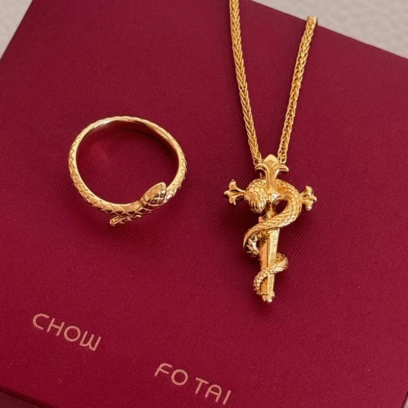 9999 24K real gold Year of the Snake zodiac guardian ancient gold staff snake women necklace pendant gift for girl