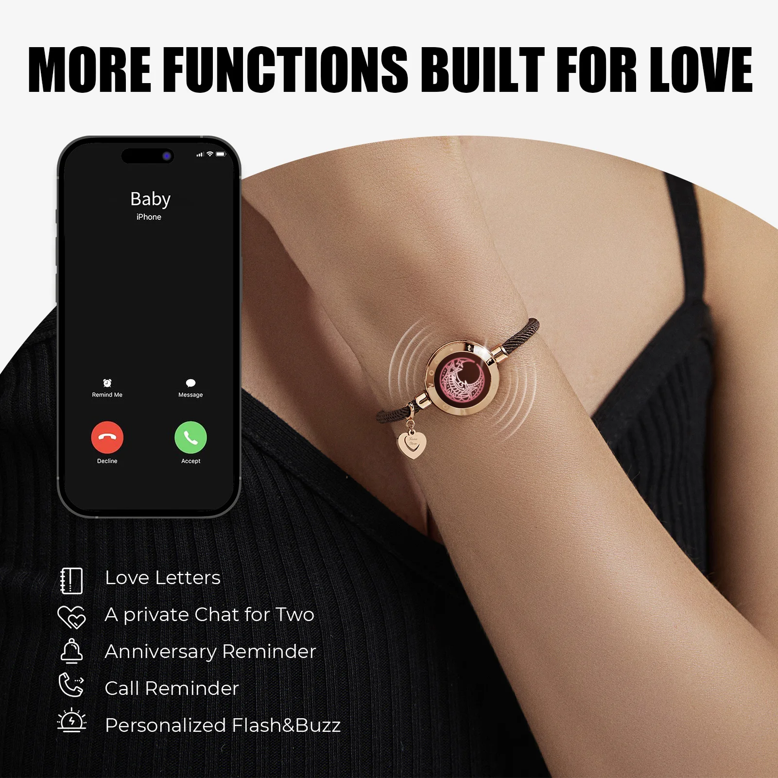 TOTWOO Pulseras táctiles de larga distancia para parejas, regalos con vibración y luz para novia, joyería de emparejamiento Bluetooth