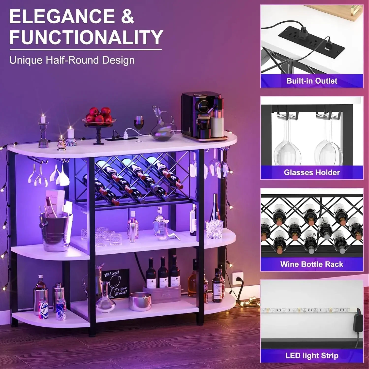 Hot sale!White Freestanding Floor Bar Cabinet Liquor Glasses Storage Wine Rack Table Charging Station Led Light