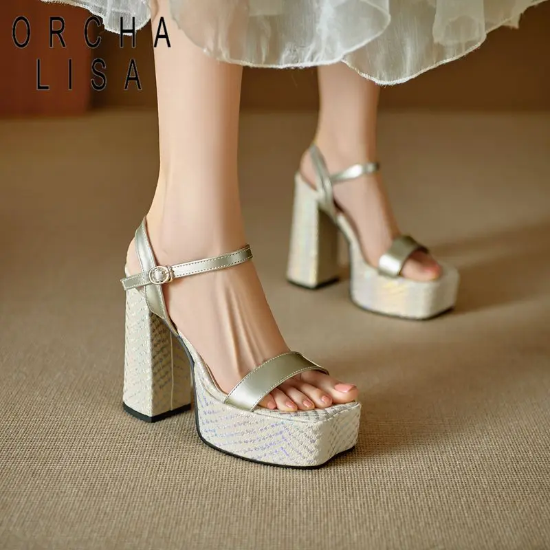 ORCHA LISA Sandalias de Moda para Mujer, Punta Cuadrada, Tacón Alto de 12.5cm, Plataforma de 4.5cm, Correa con Hebilla, Tallas Grandes 43 44 45 46, Zapatos Sexys de Verano