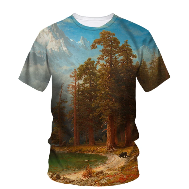 Summer New Landscape Oil Painting Art graphic t shirts Fashion Literary Youth Casual Tees Personality Men Printed O-neck Tops