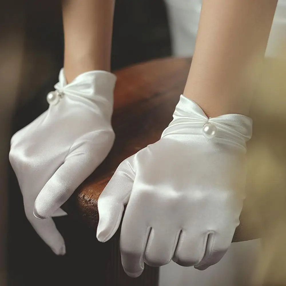 Party Elegant Five Finger Performance For Girls Satin Pearl Women Wedding Gloves Korean Driving Mittens Full Finger Gloves
