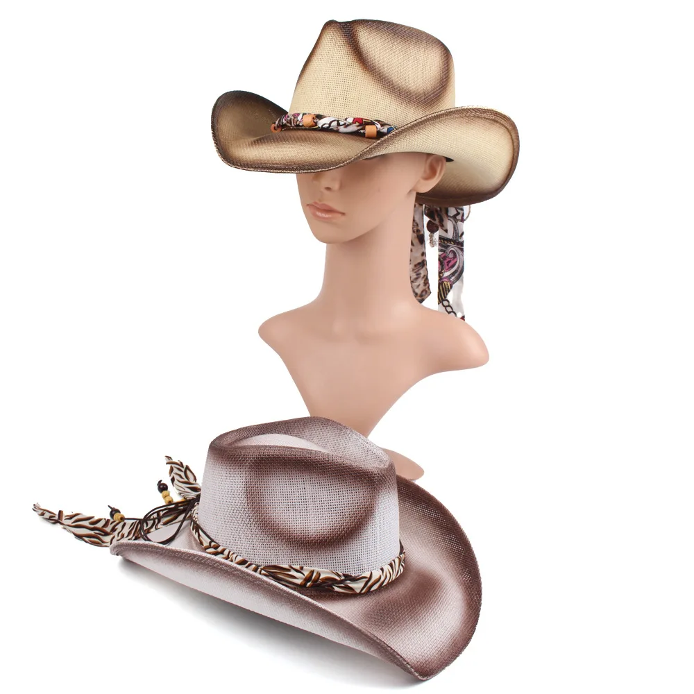 Unisex Bohemian-style Curved Brim Spray-painted Straw Hat With Unique Patterns And Ribbons, Cowboy Hat, Sun Hat