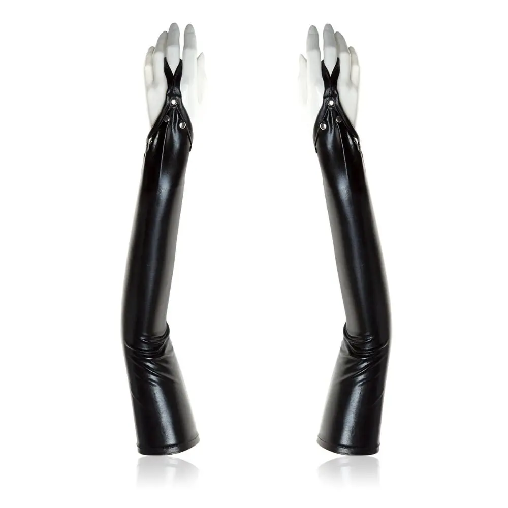 Fingerless Design ผู้หญิงถุงมือยางยาว Rivets รายละเอียดถุงมือโลหะยืดวัสดุพื้นผิวเงา Wetlook ถุงมือ