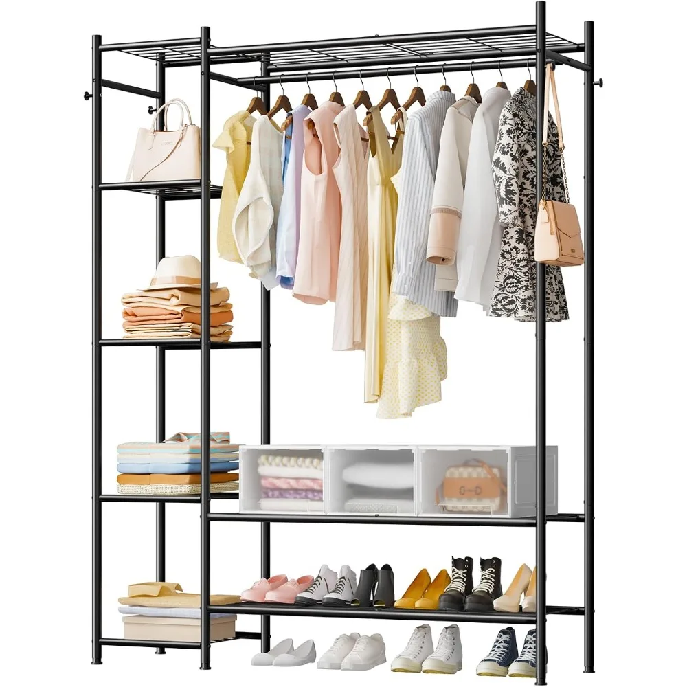 

Wardrobe Closet for Hanging Clothes, Freestanding Metal Clothes Rack with 4 Tiers Storage Shelves and Hanging Rod, 45 Inch Width