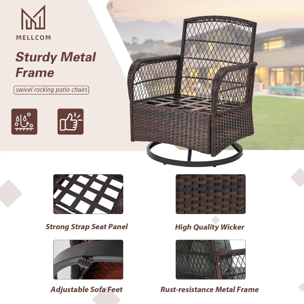 طقم فناء مكون من 3 قطع، كراسي فناء هزازة دوارة خارجية مع وسائد سميكة وطاولة زجاجية للشرفة الأمامية