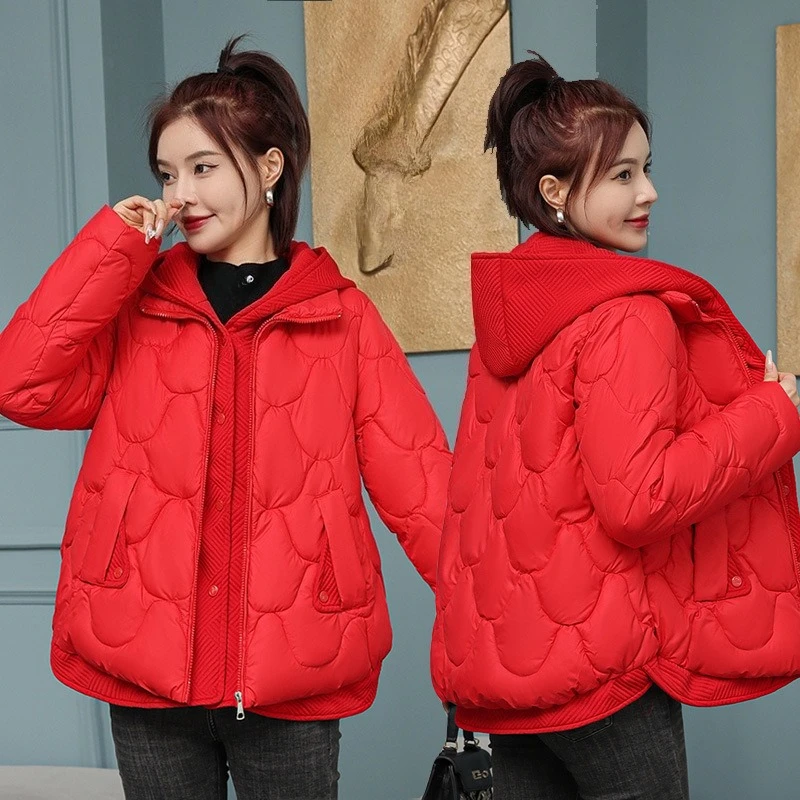 Chaqueta de algodón con capucha de invierno para mujer, Chaqueta corta de algodón falsa de dos piezas, Chaqueta de algodón gruesa holgada para mujer, nuevo abrigo Parka