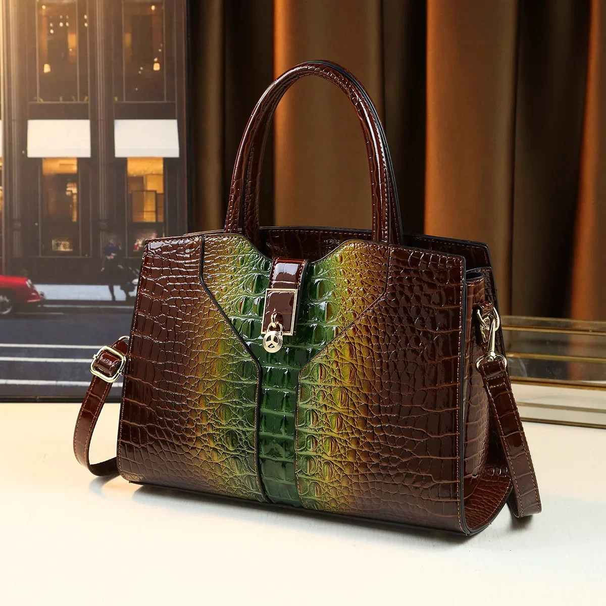 

2024 New Fashion Crocodile Pattern Ladies' Patent Leather Handbag, Shoulder Bag and Tote Bag, Suitable for Office and Daily Use