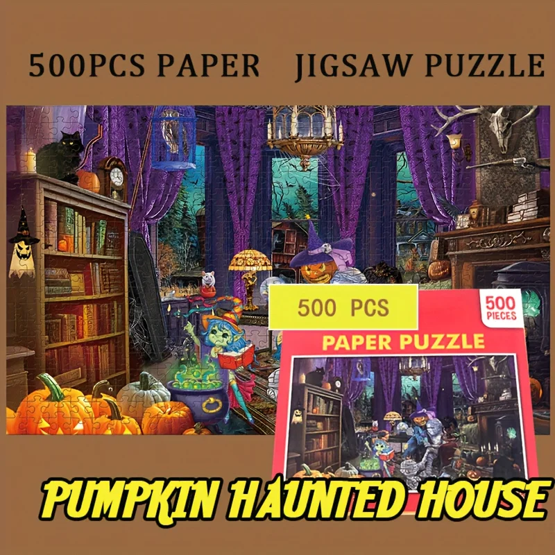 

500 шт. бумажная головоломка на Хэллоуин для взрослых — сцена «Жуткий тыквенный домик» — 18x11 дюймов (46x28 см) — серый толщиной 1,5 мм