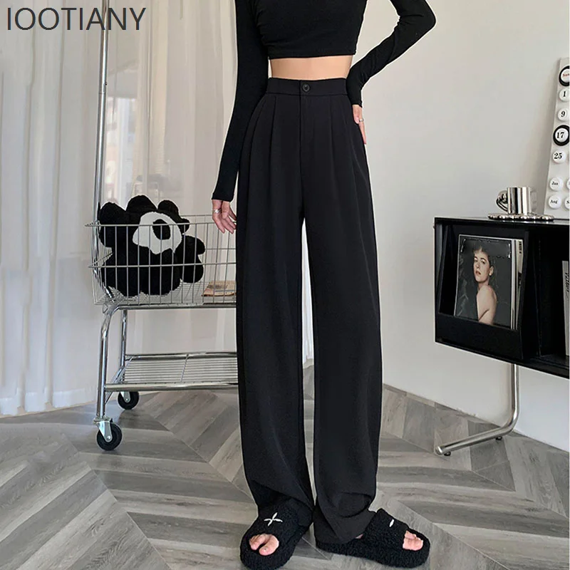 Spring Autumn Casual Loose Suit Pants Women Korean High Waist Office Wear Straight Pants Versatile Solid Floor Length Trousers