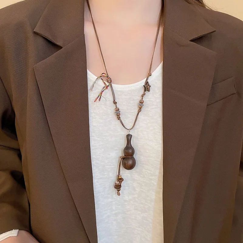 Minar Ethnic Ceramic Coconut Husk Star Wood Bottle Gourd Pendant Necklaces for Women Long Adjustable Rope Sweater Chain Choker view 5