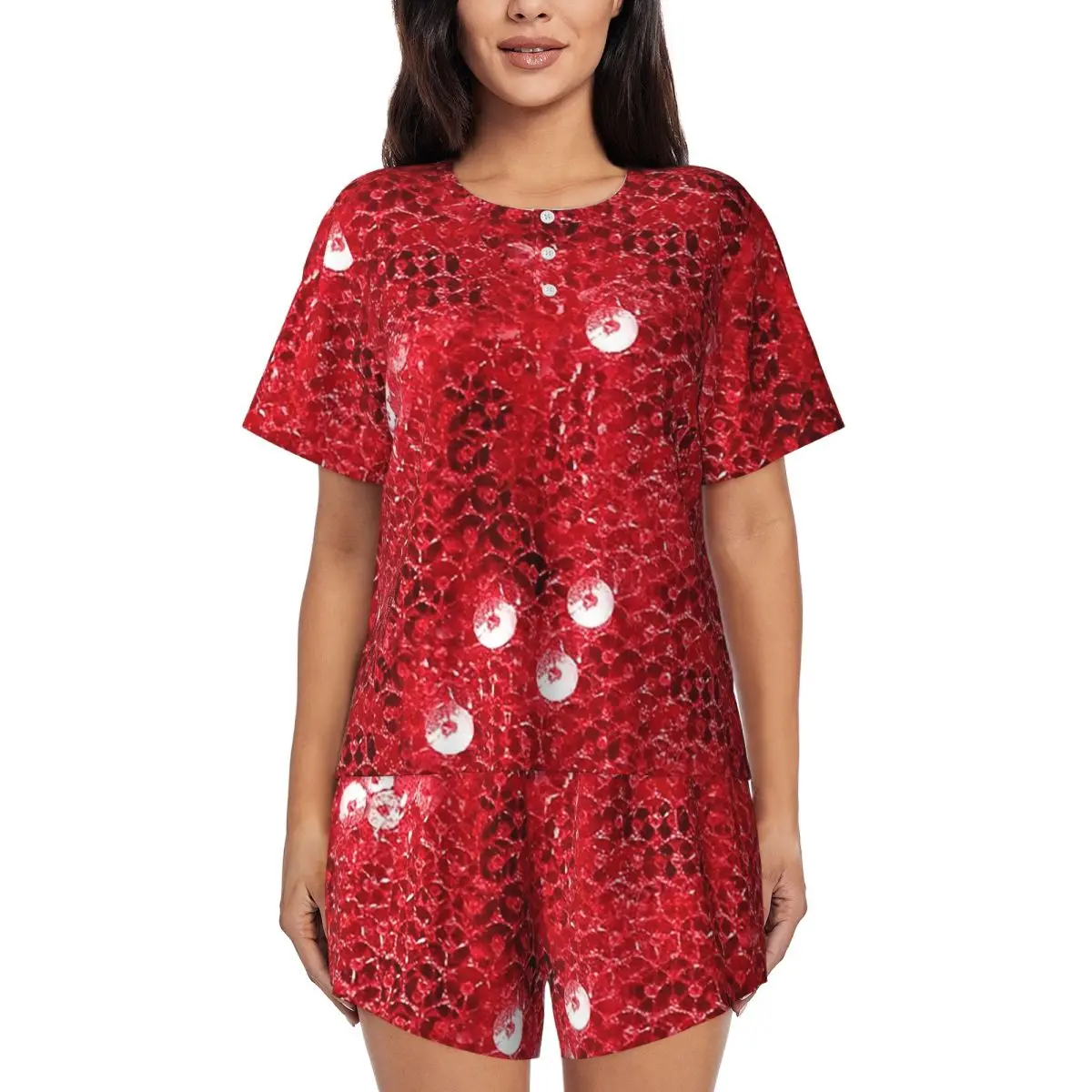 

Festive Red (Sequins ) Round Neck Short Sleeves Nightdress for Sleeping Sleepshirts Women Soft Pajama Set Short Pants