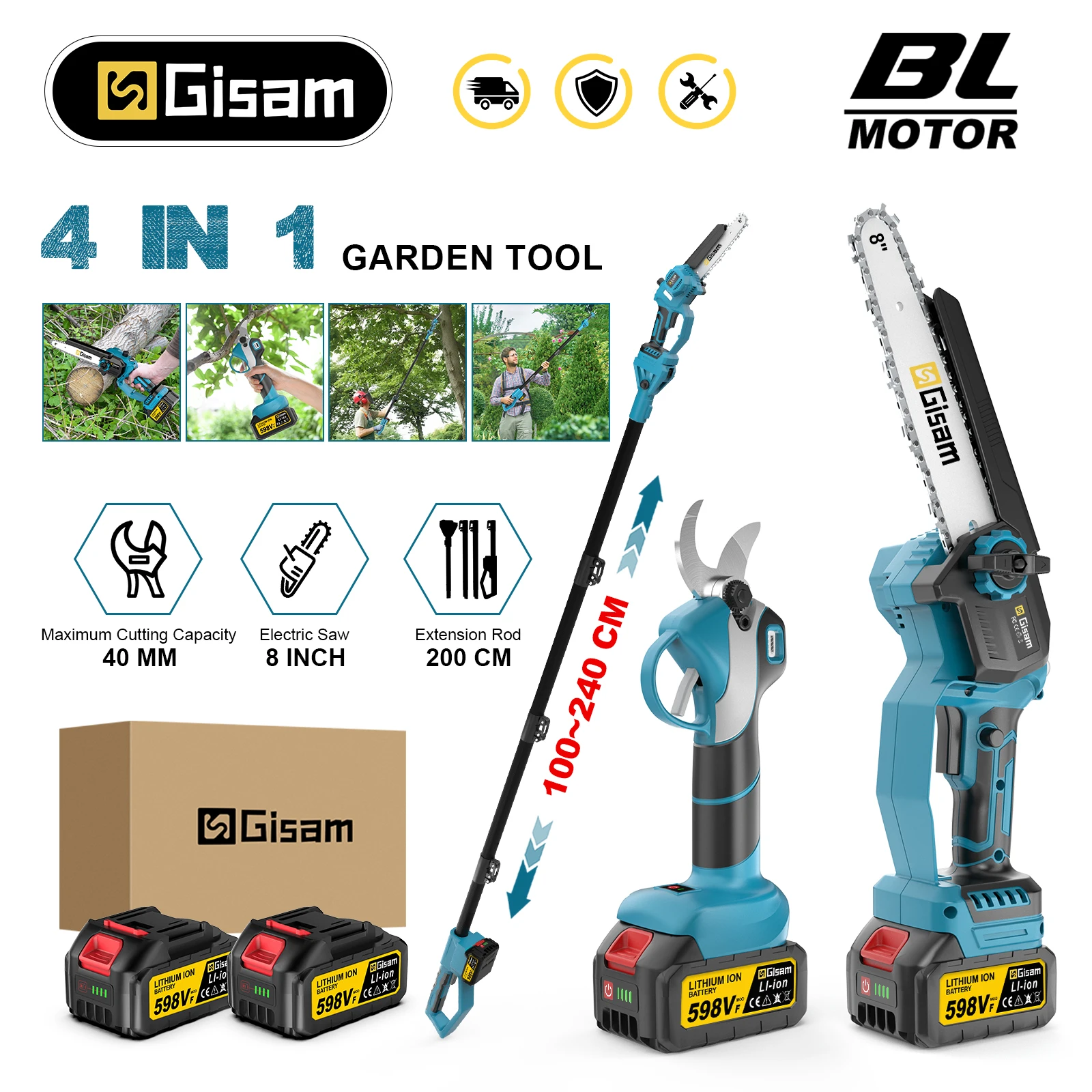 Gami 4 en 1 pôle télescopique sans brosse tronçonneuse électrique ciseaux à branches hautes outil électrique de jardinage pour makita broches de batterie 18v