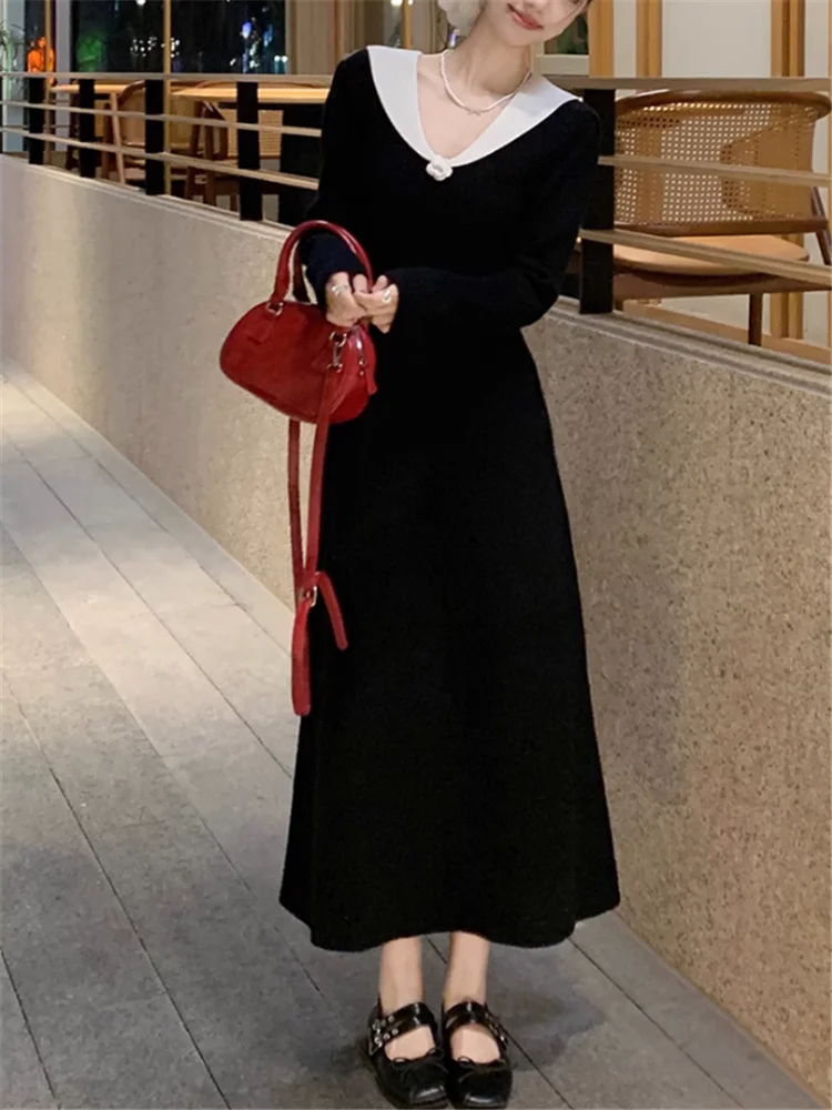 خريف جديد خمر أزياء الخصر النحيف الأسود محبوك فستان طويل الأكمام 3D زهرة الخامس الرقبة ألف خط شيك ميدي سترة قاع اللباس