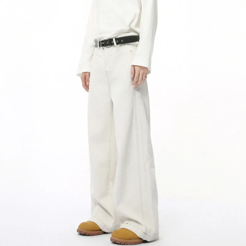 SYUHGFA ผู้ชายกางเกงยีนส์ 2025 ฤดูใบไม้ผลิอเมริกันวินเทจตรงซักผ้าสีทึบอเนกประสงค์ขากว้างกางเกงยีนส์ชายแนวโน้ม